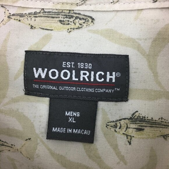 Woolrich Men's Camp Shirt Tan Fish Print Button Front Short Sleeves Casual XL - Picture 7 of 9